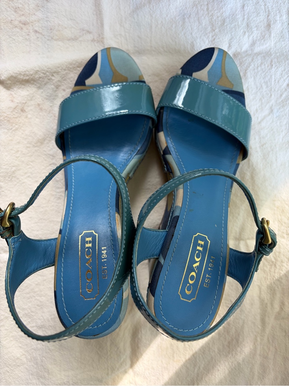 COACH Blue Patent Leather Wedge Sandals / Heels